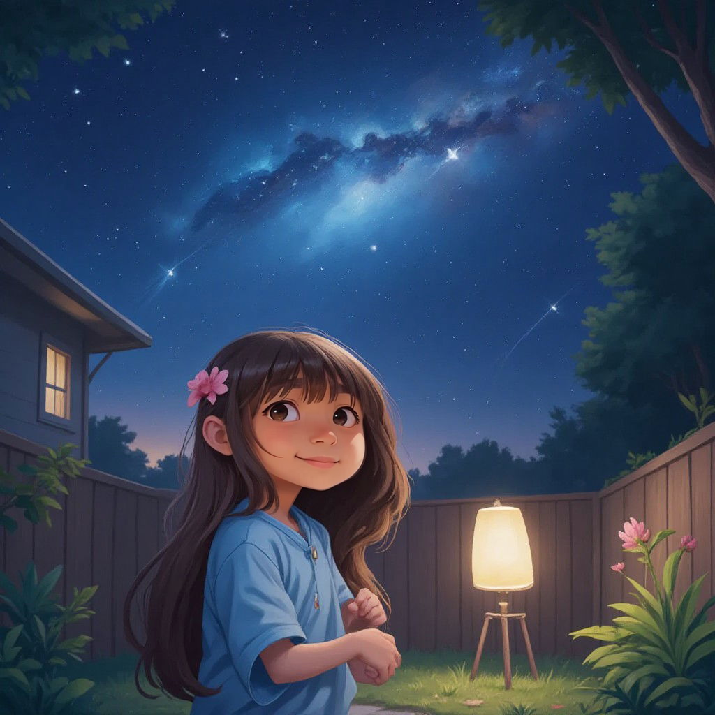 Masal gazing up at a starry night sky from her backyard, with a look of wonder on her face