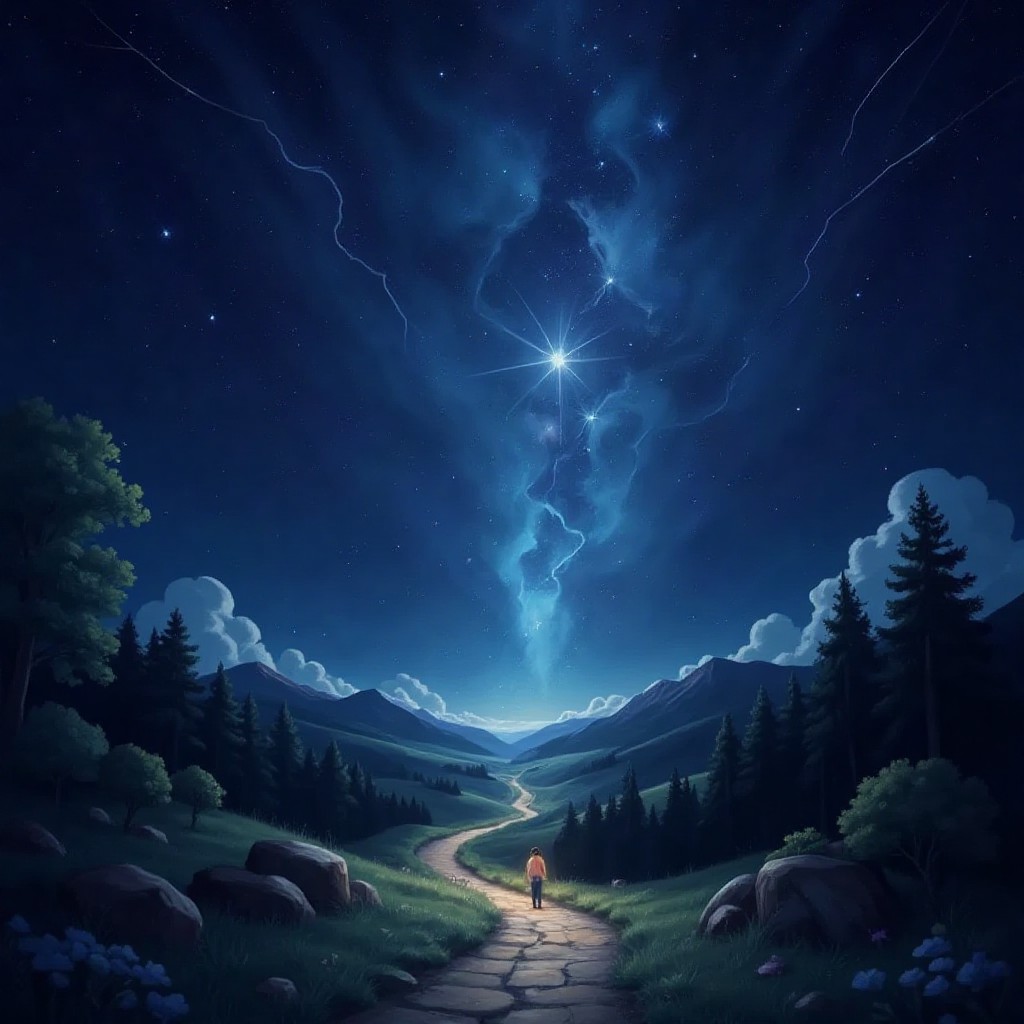 A magical starry path stretching across the night sky, glowing with ethereal light