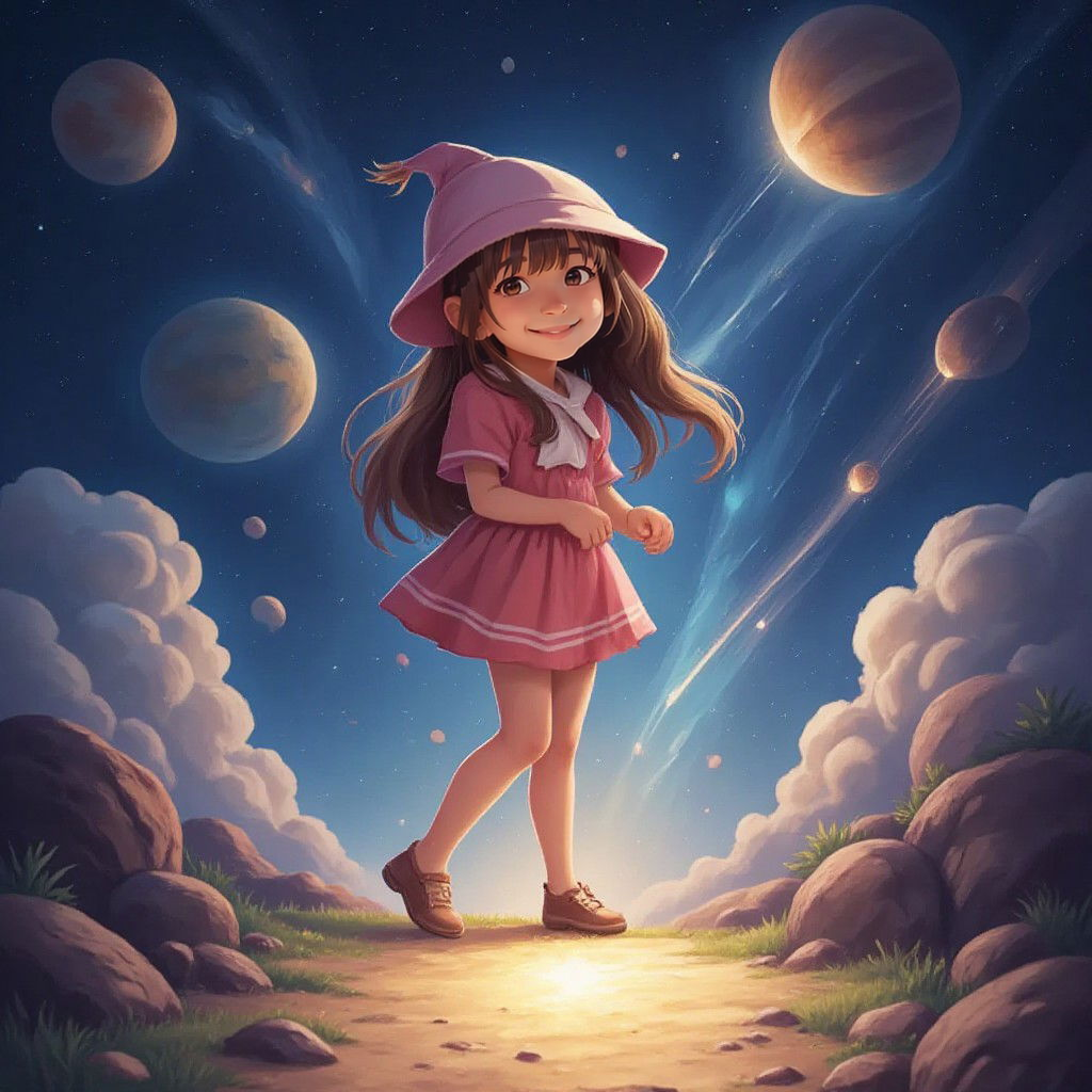 Masal walking on a glowing star path, surrounded by planets and comets
