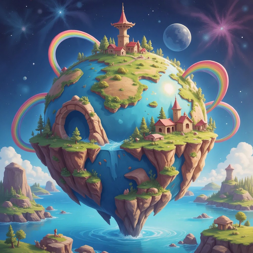 A colorful planet with floating islands and rainbow bridges