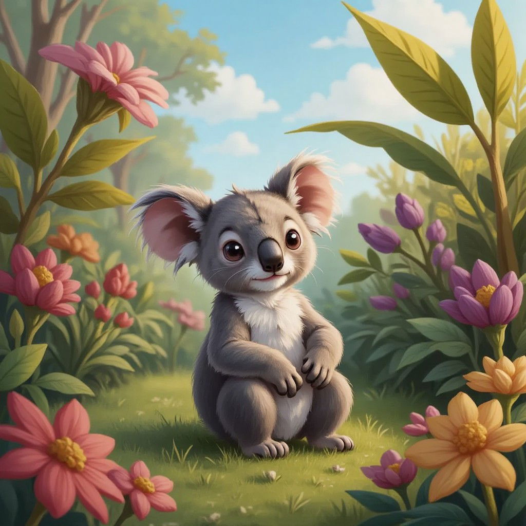 A small baby koala sitting alone among colorful alien plants