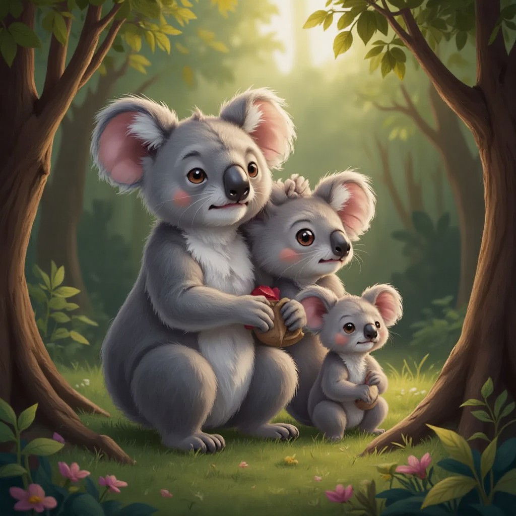 A happy koala family hugging each other in a magical forest setting