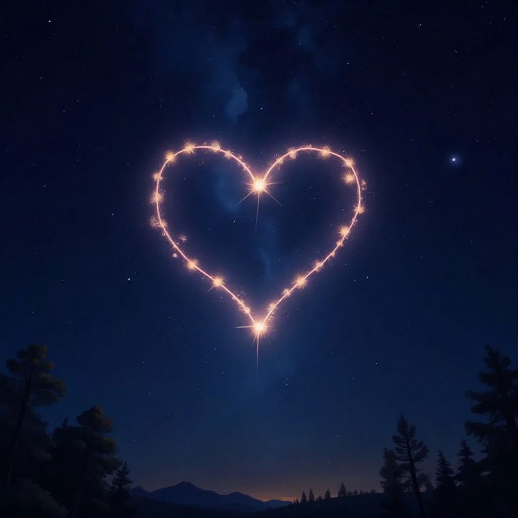 A heart-shaped constellation glowing brightly in the night sky