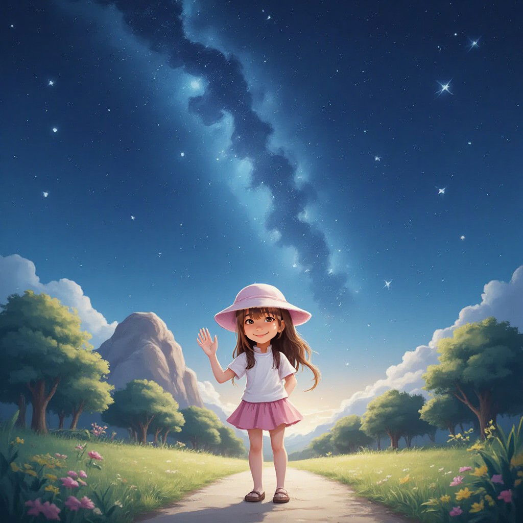 Masal waving goodbye while standing on the starry path