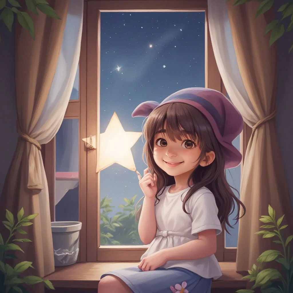 Masal sitting at her window, looking at her special star with a content smile