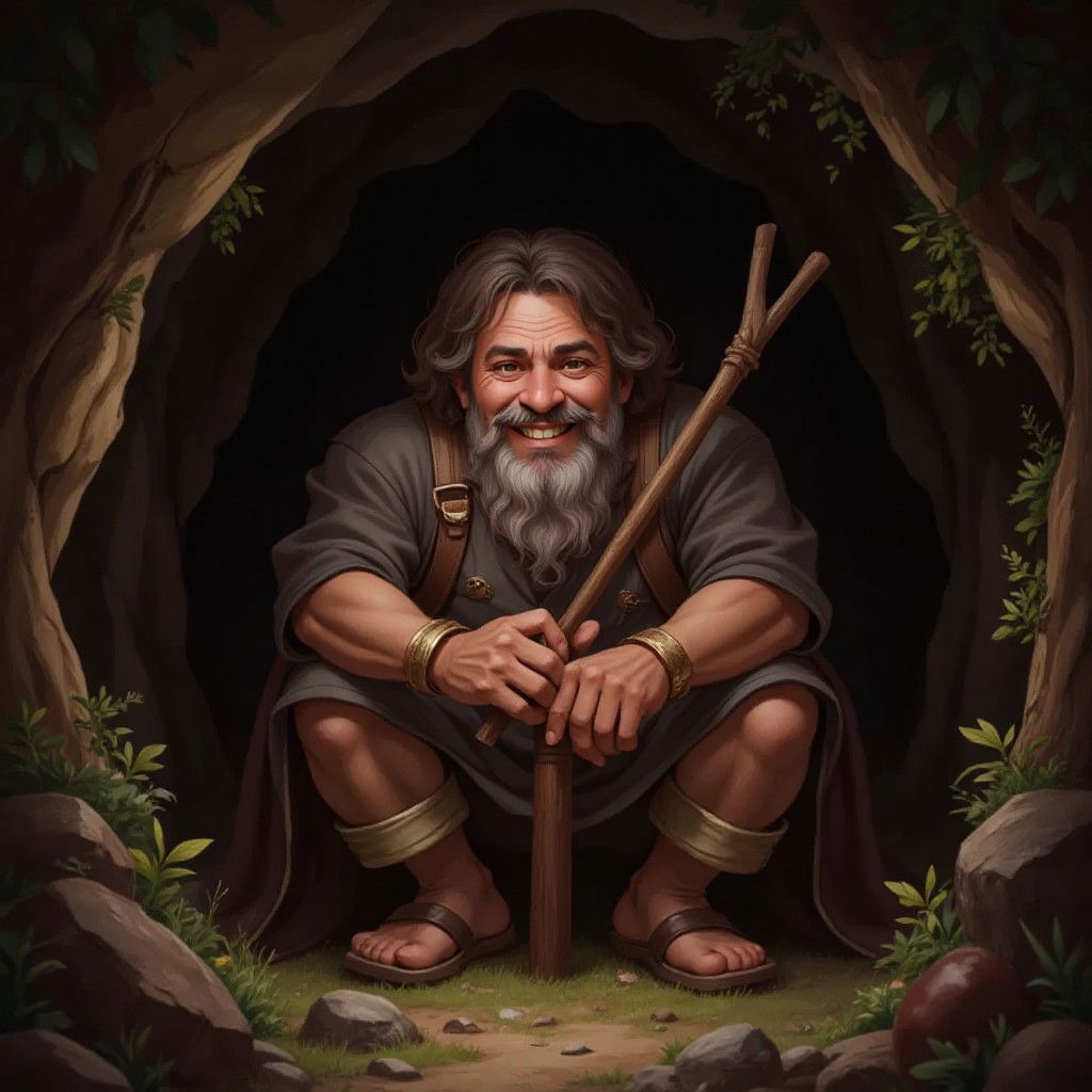 A gentle giant sitting in a cave, looking friendly and holding a flute