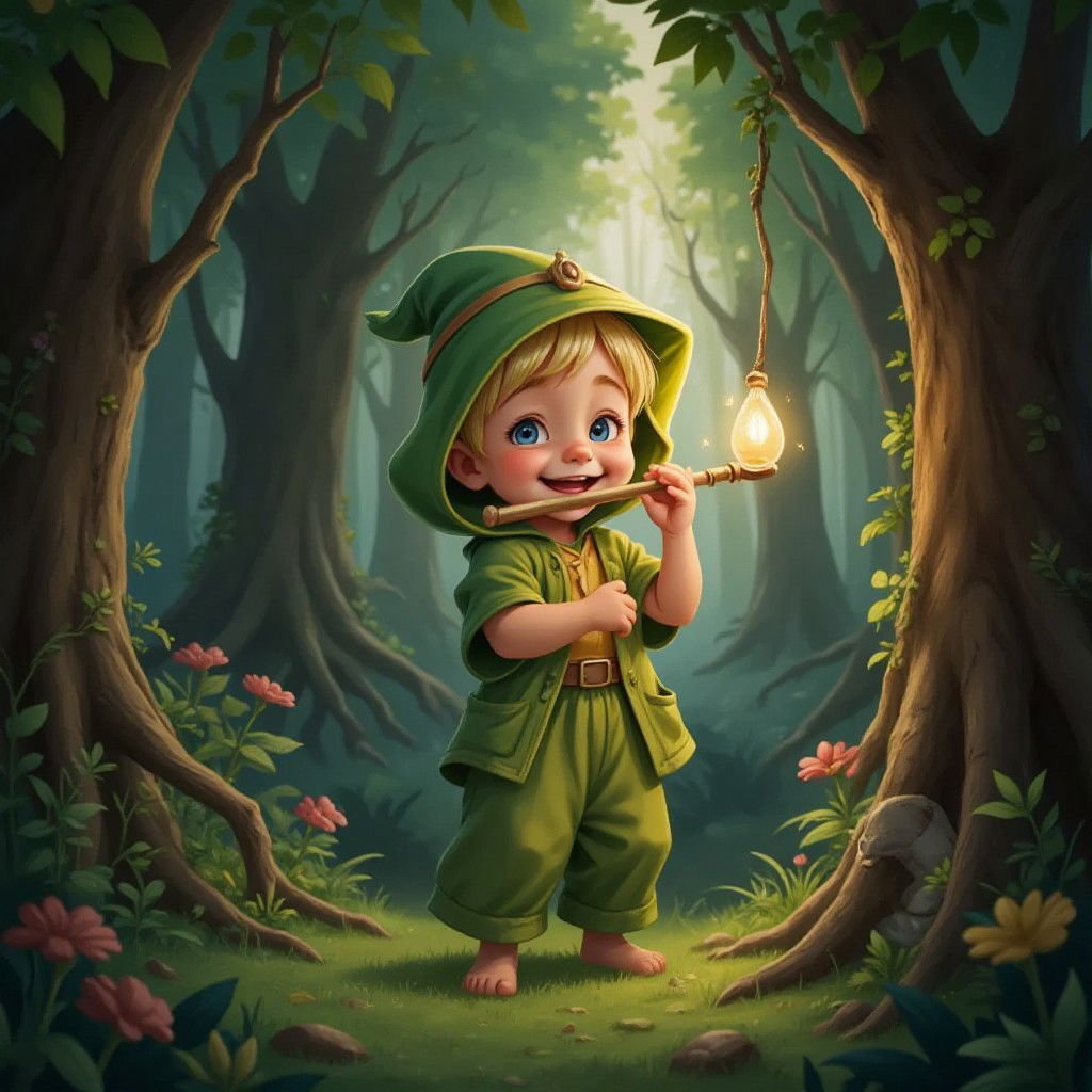 The forest sprite playing a flute joyfully in a grove filled with magic