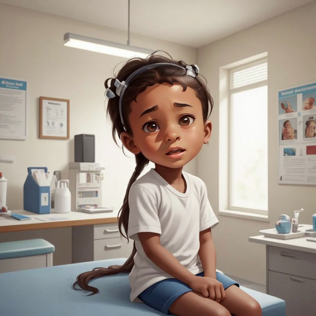 Aaliyah looking worried while sitting on a doctor's examination table in a medical office with medical posters on the walls