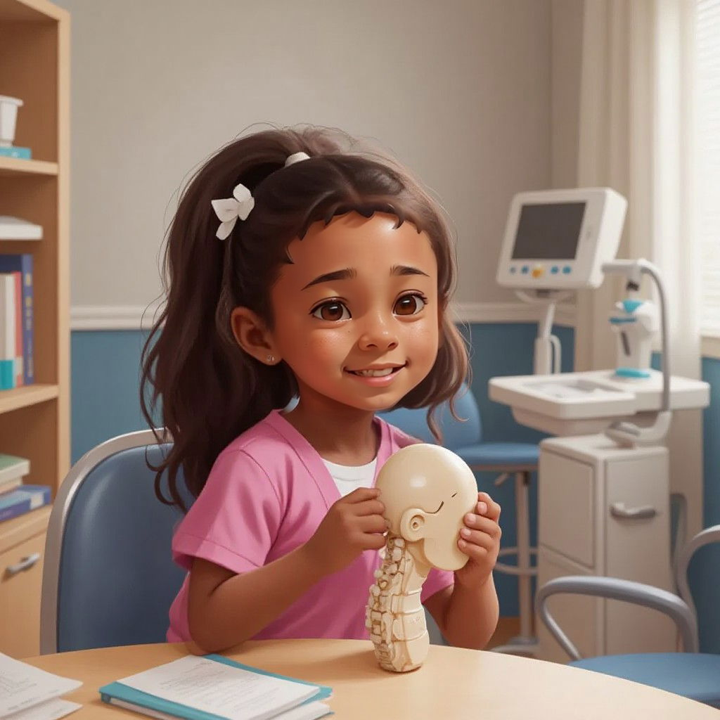Aaliyah with a curious expression examining a model brace in a doctor's office with medical equipment visible