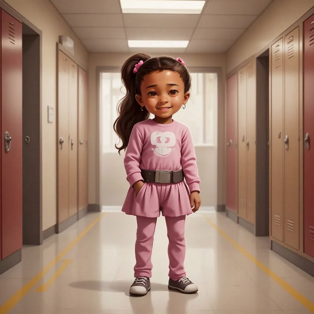 Aaliyah standing confidently in a school hallway with lockers in the background