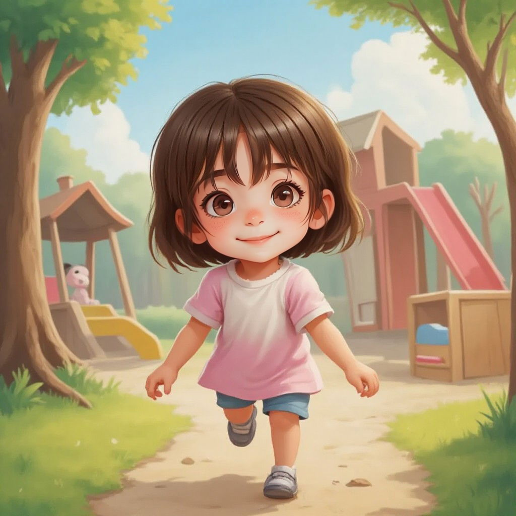 Chloe running energetically around a playground with swings and slides in the background