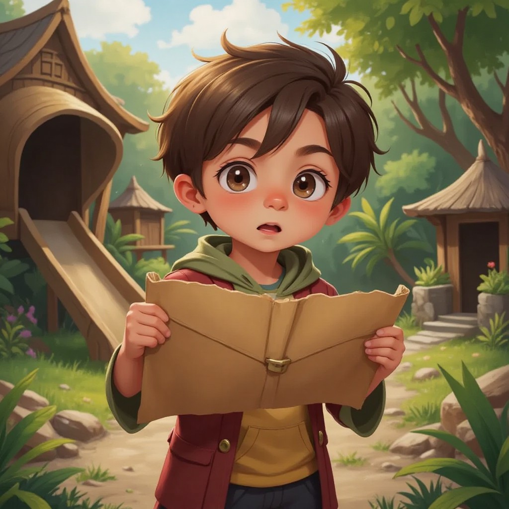 Christian holding a treasure map with wide eyes, standing near a slide