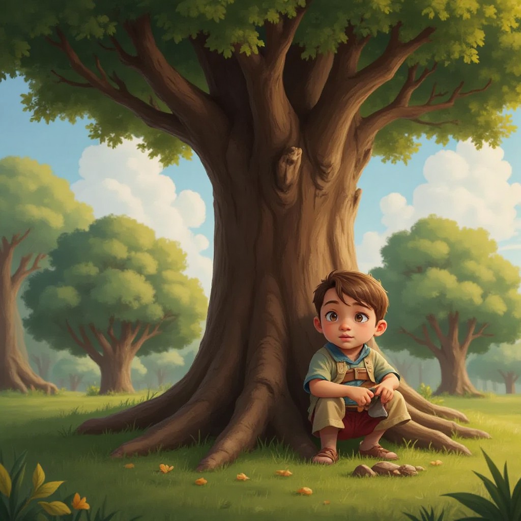 Christian looking intently at a clue under a big oak tree