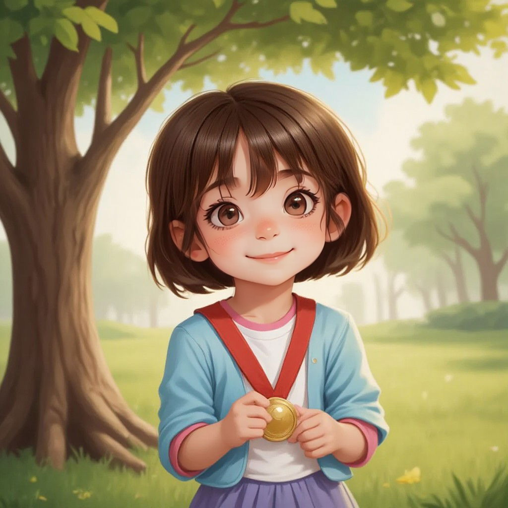 Chloe holding a shiny medal with a proud expression, standing under the oak tree
