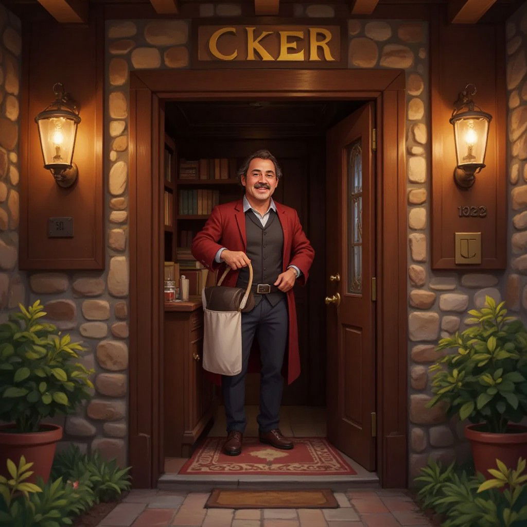 The innkeeper smiling warmly at the entrance of a cozy inn