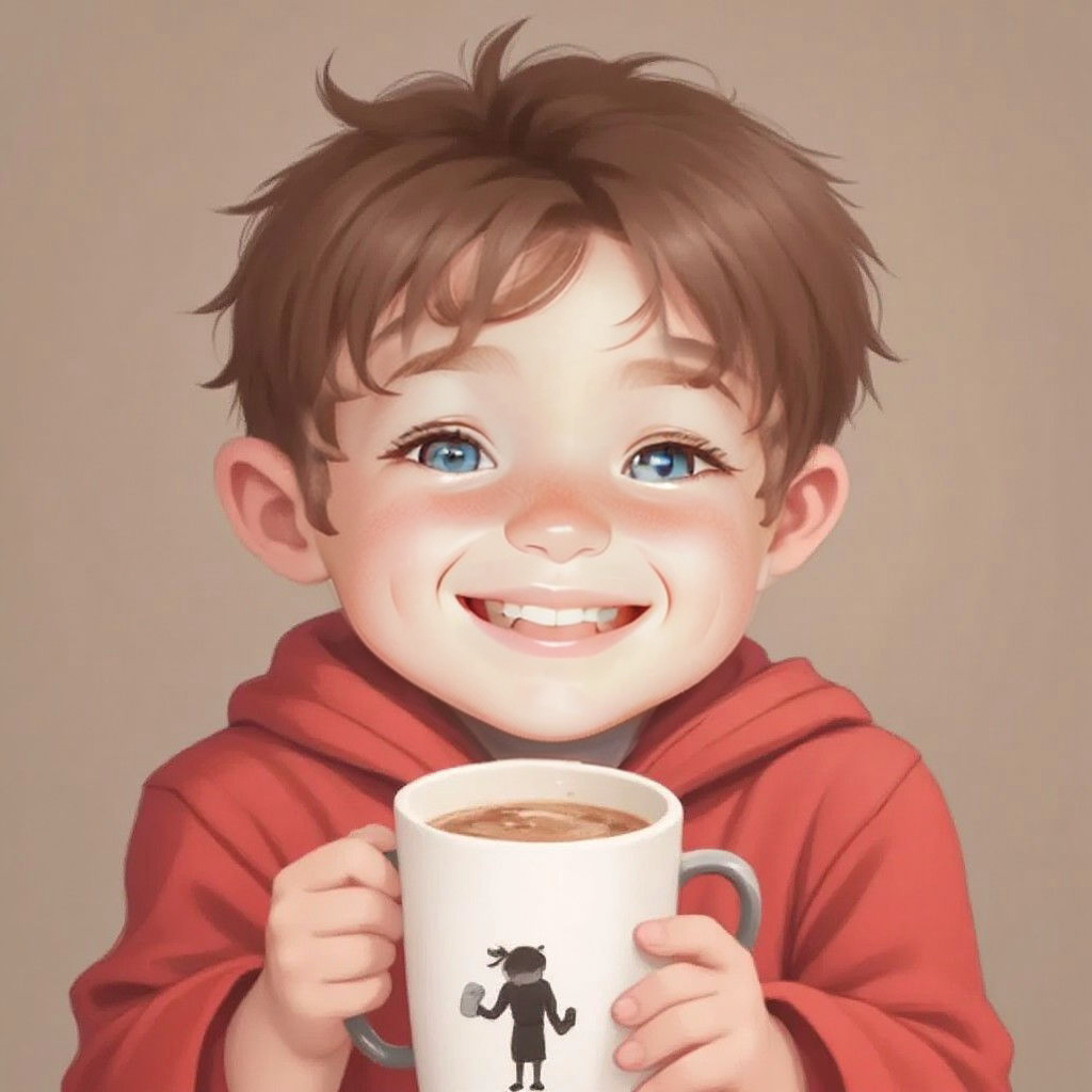 Joel beaming with delight while holding a cup of hot cocoa