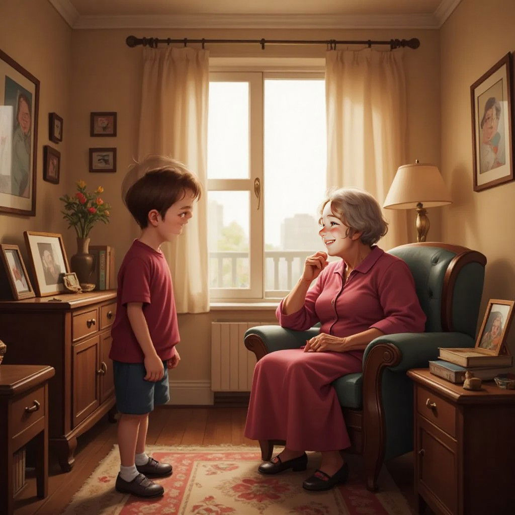 Joel animatedly talking to Grandma at her house