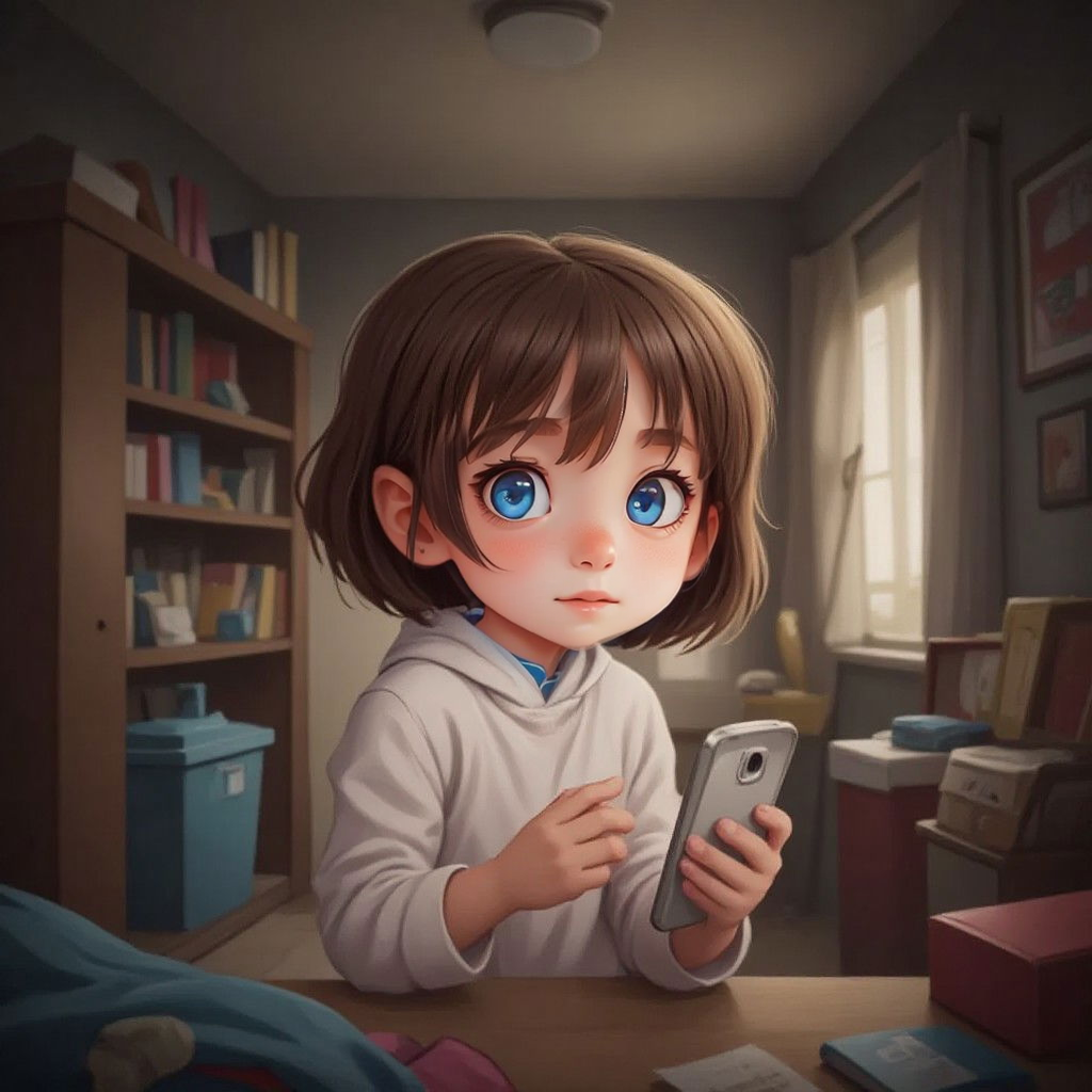 Mia's room, messy and dimly lit, with Mia looking confused while holding a phone