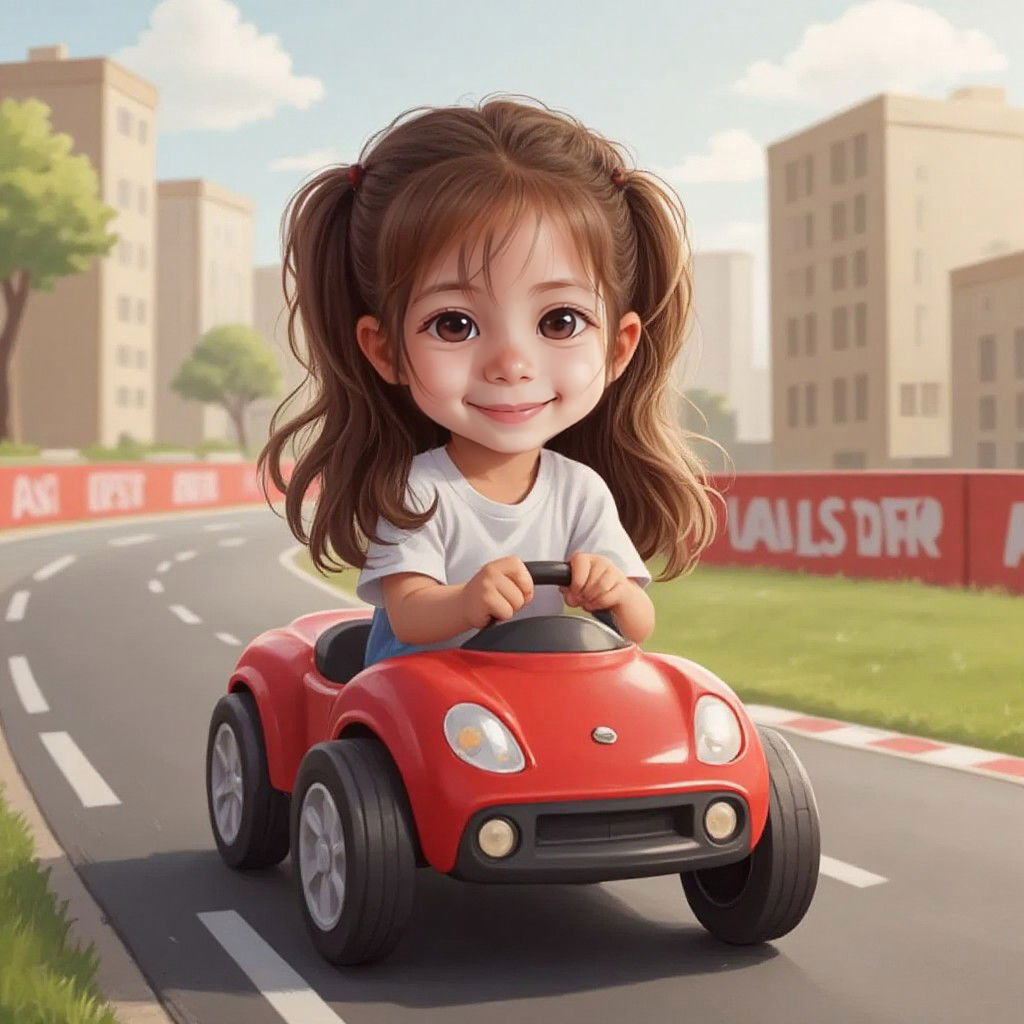 Gökçe riding a toy car on a race track with wind in her hair