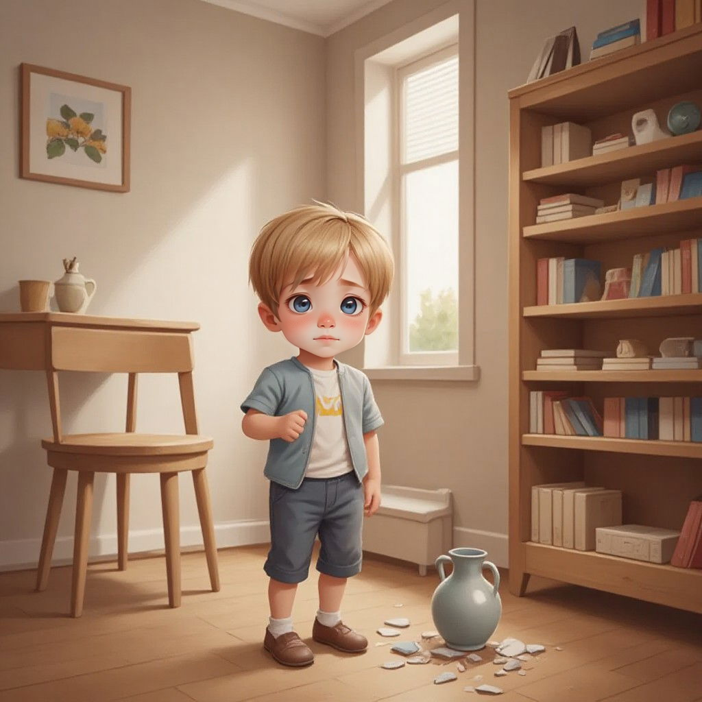Boy standing near a shelf with a broken vase on the floor, looking apologetic