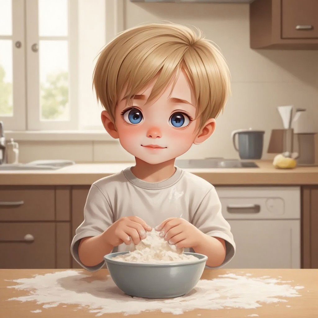 Boy covered in flour, standing in a kitchen with a bowl and a mess on the counter