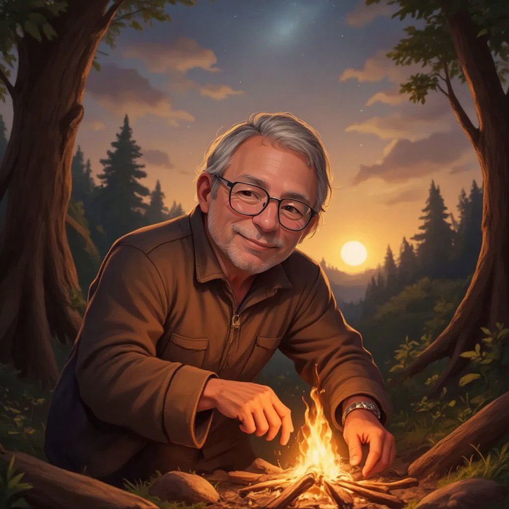 Pépé tending to a campfire with a warm smile as the sun sets