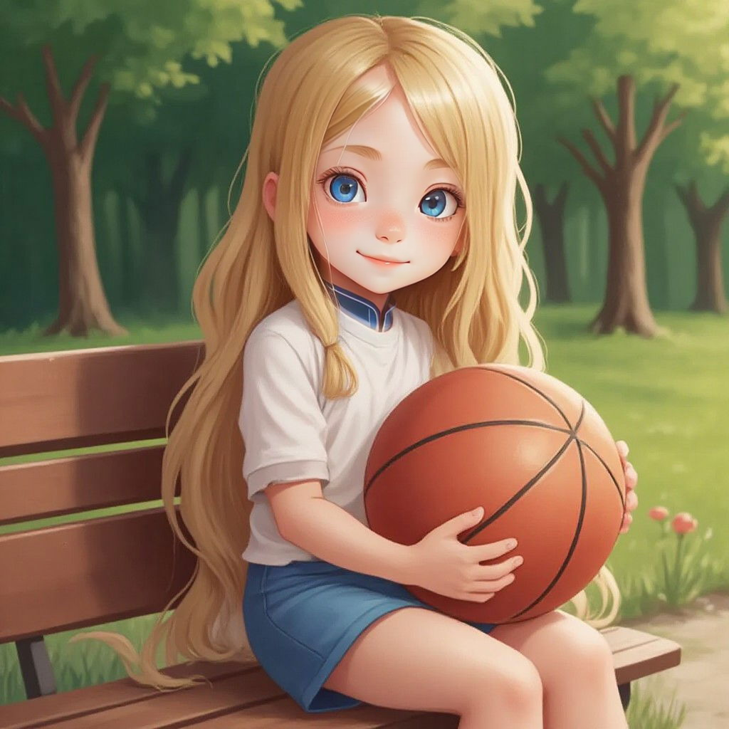 Ellie sitting on a park bench, holding a basketball with a smile