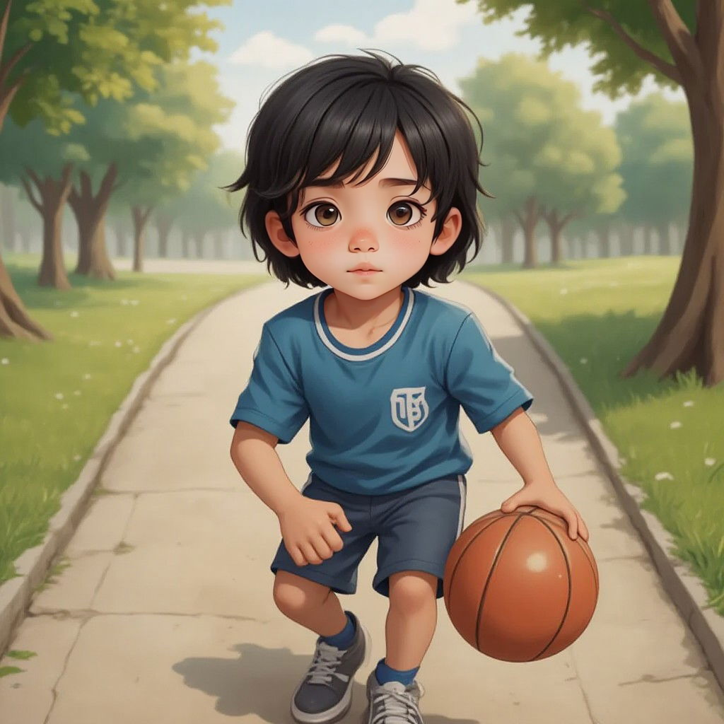 Max dribbling a basketball on a park path, looking determined