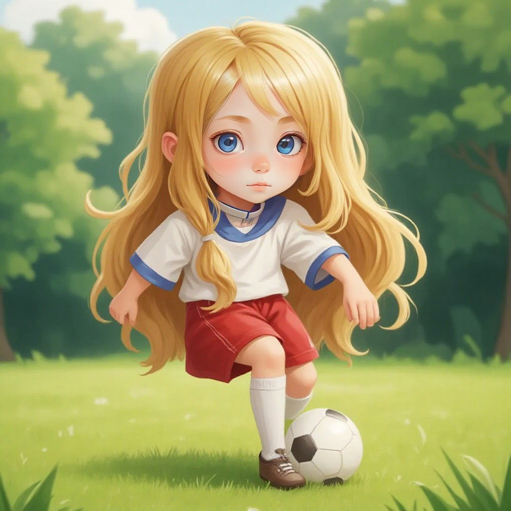 Ellie kicking a football on a grassy field, looking focused