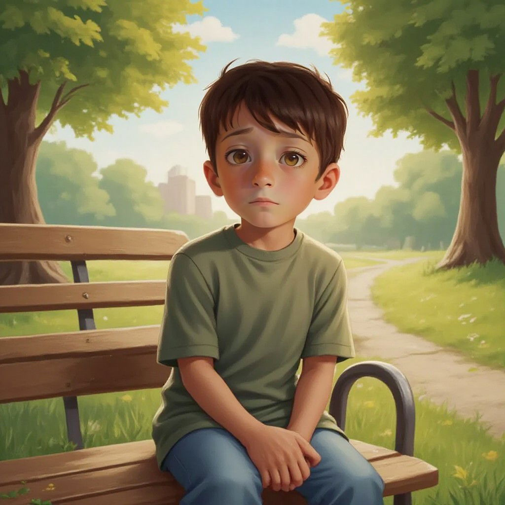 Tommy sitting alone on a park bench looking sad, with trees and a path in the background
