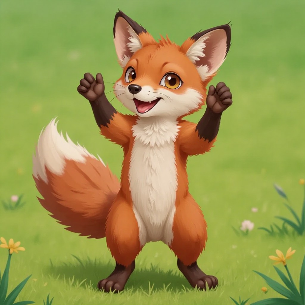Felix, the fox, demonstrating a clever trick with a playful expression in a grassy area