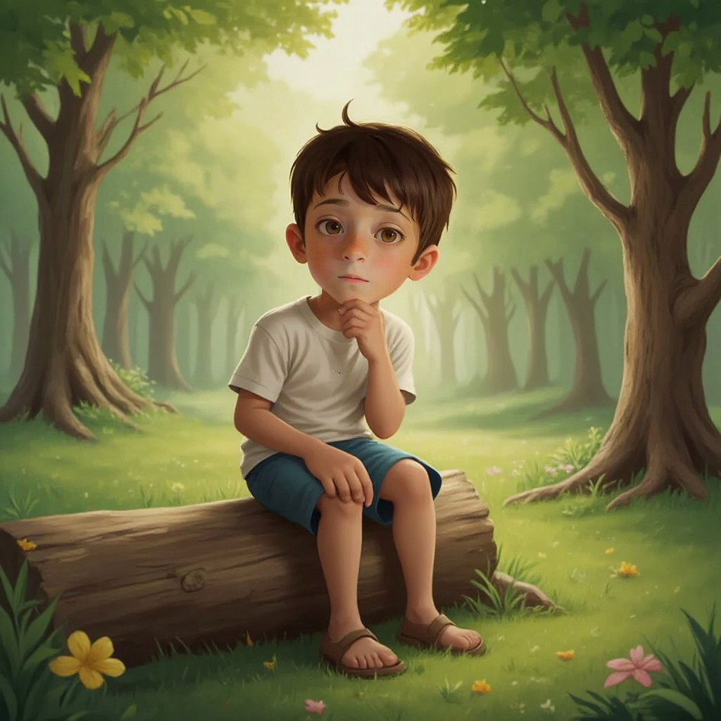 Tommy sitting on a log, deep in thought, surrounded by lush park greenery