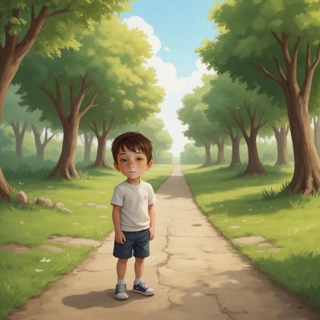 Tommy standing at a crossroads in the park, looking torn between two paths