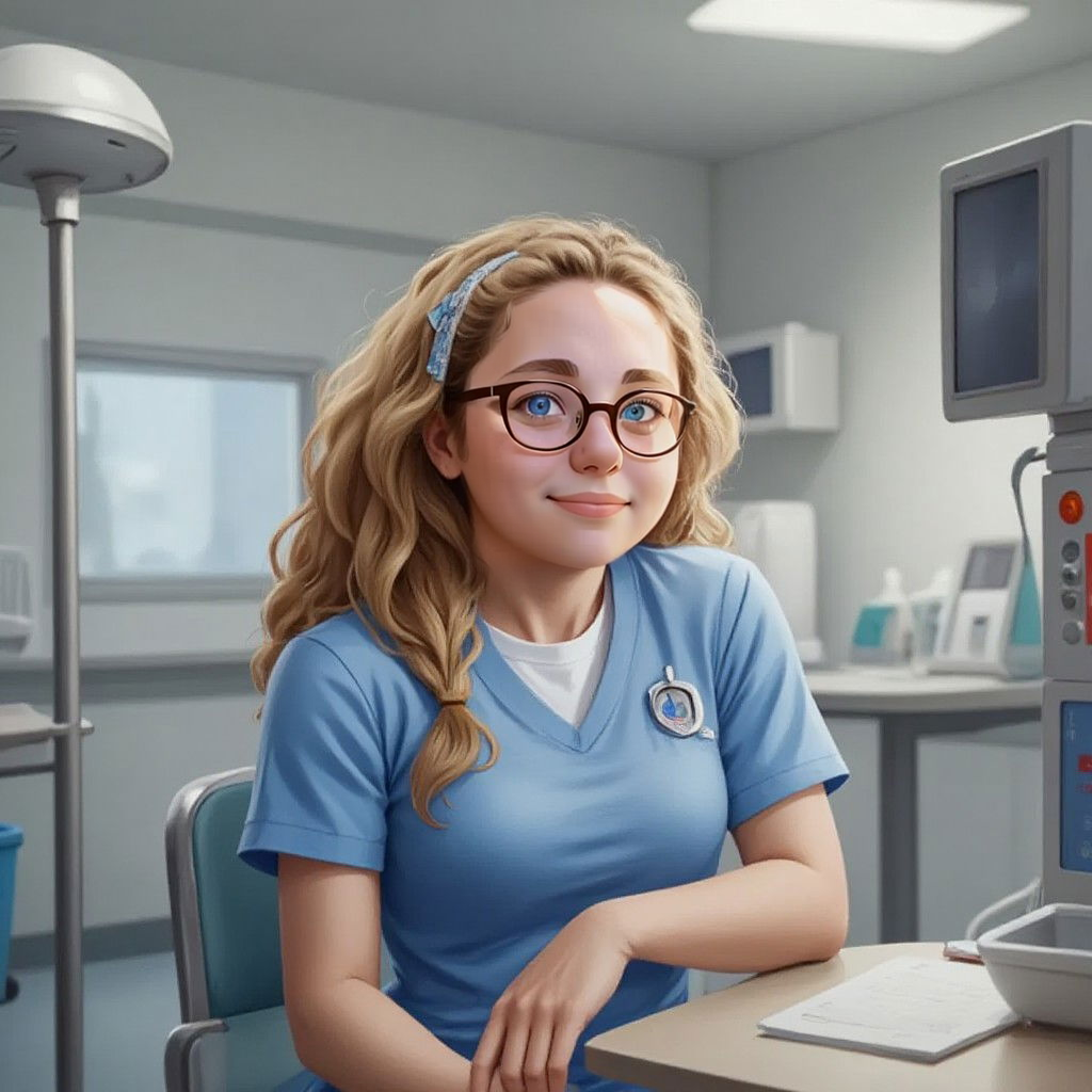 Maman sitting in a nurse's uniform with a thoughtful expression, surrounded by medical equipment