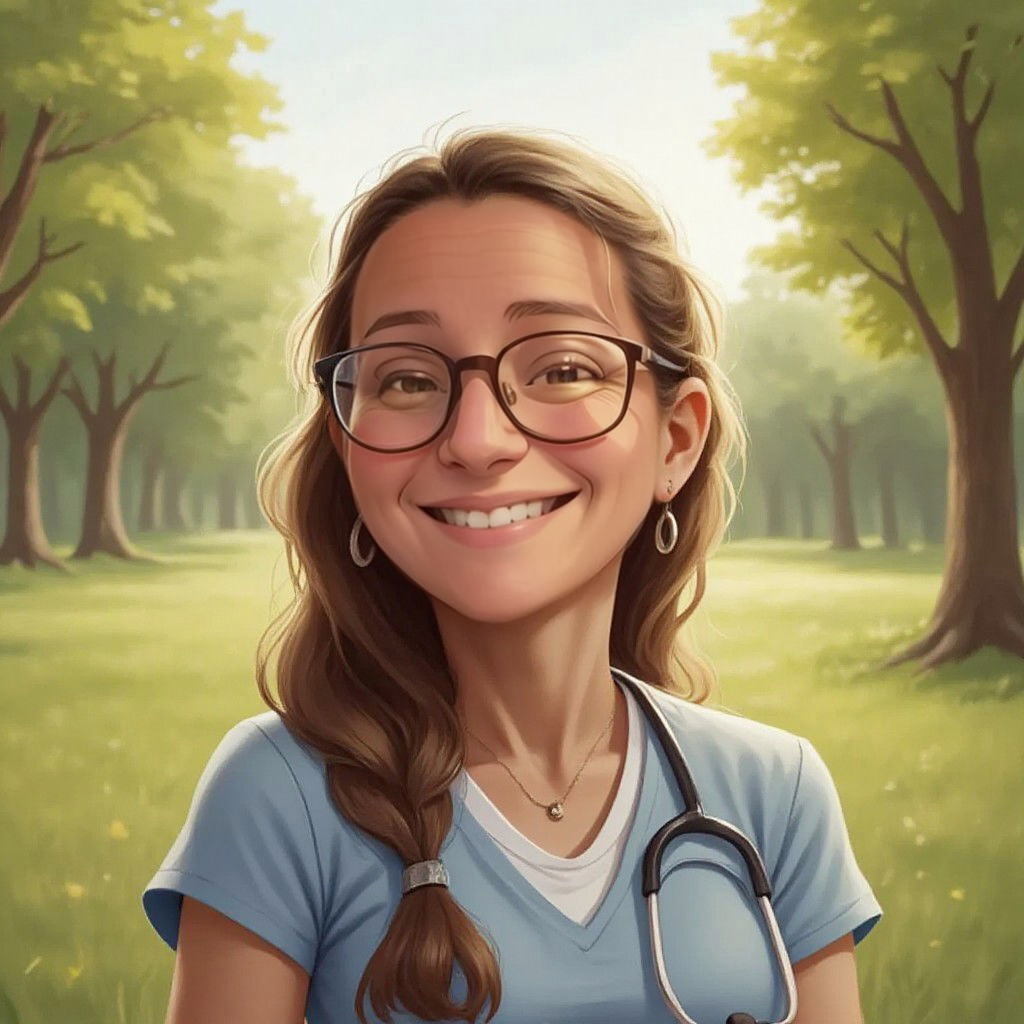 Mamou in a sunny park, smiling warmly with a stethoscope around her neck, trees in the background