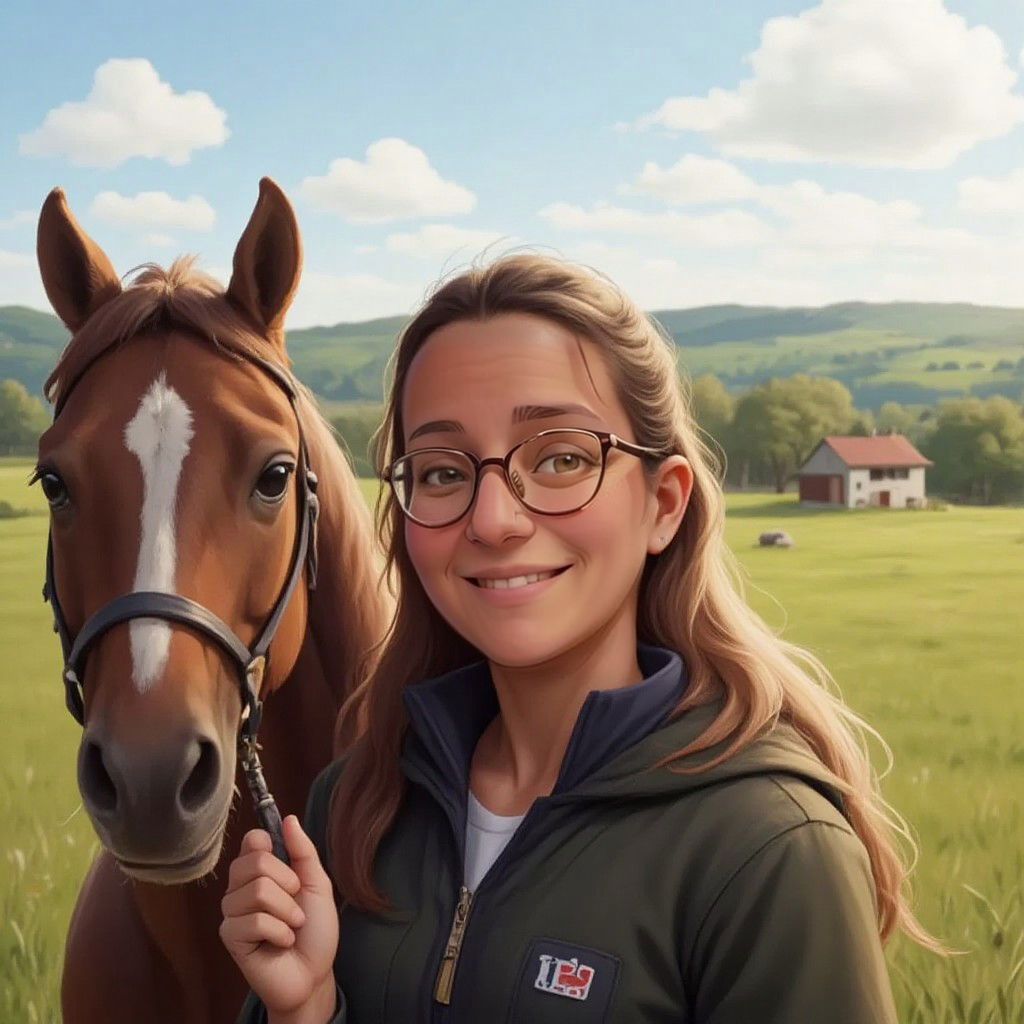 Mamou standing beside a horse, with a serene countryside in the background