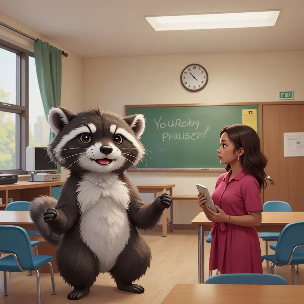 Rose the raccoon standing proudly in a classroom as Ms. Berry praises her