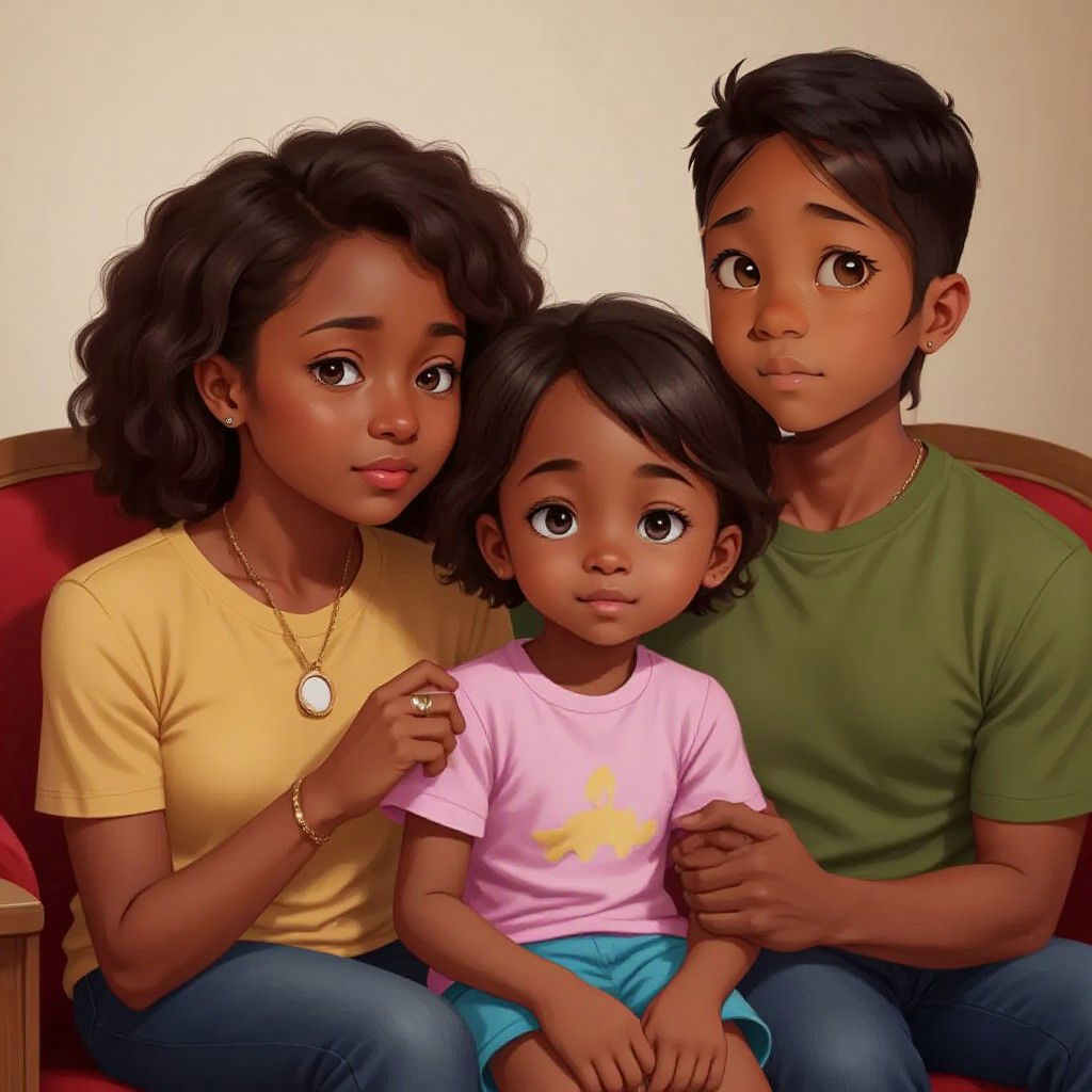 Alex sitting on a couch, looking confused and a little sad, with her mom and dad comforting her