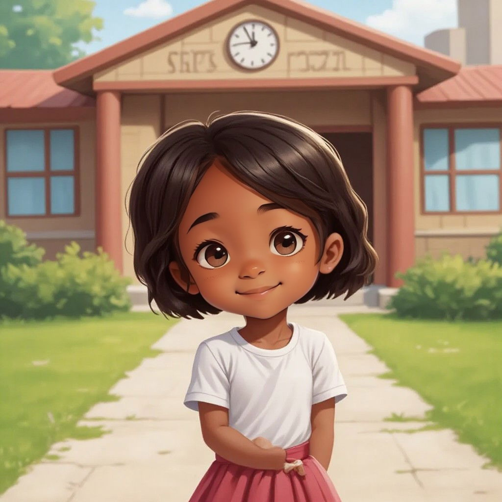 Alex standing in front of a school building, looking brave and excited