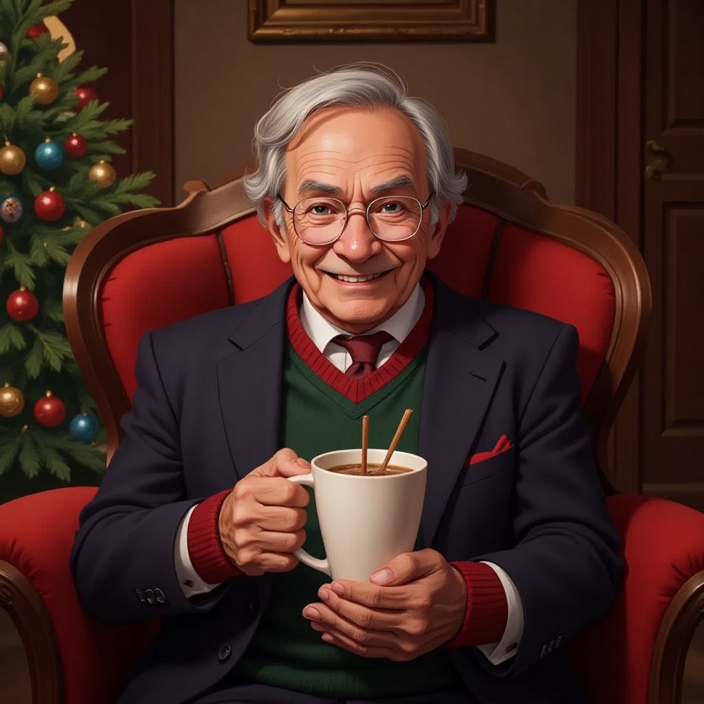 An elderly man (Mr. Grump) sitting in an armchair with a mug of hot cocoa, a slight smile breaking through his grumpy expression. Christmas tree visible in the background.