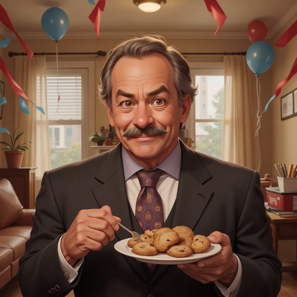 Mr. Grump holding a plate of cookies with a hesitant smile. A festively decorated living room with streamers and balloons in the background.