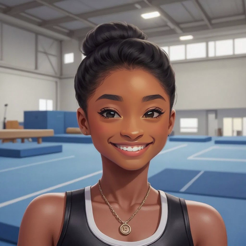 Simone Biles smiling warmly while standing in a large gymnastics facility with equipment and mats visible in the background