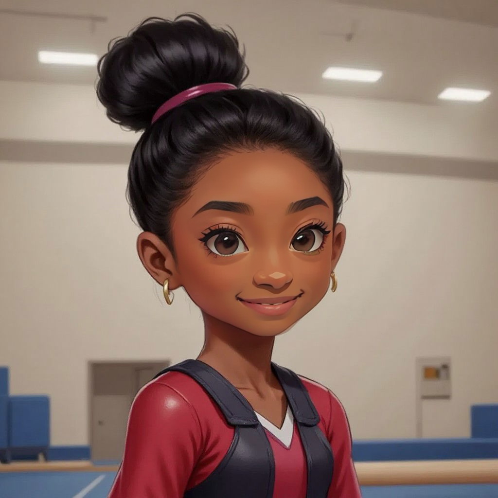 A concerned-looking Simone Biles observing from a distance in a gymnasium setting