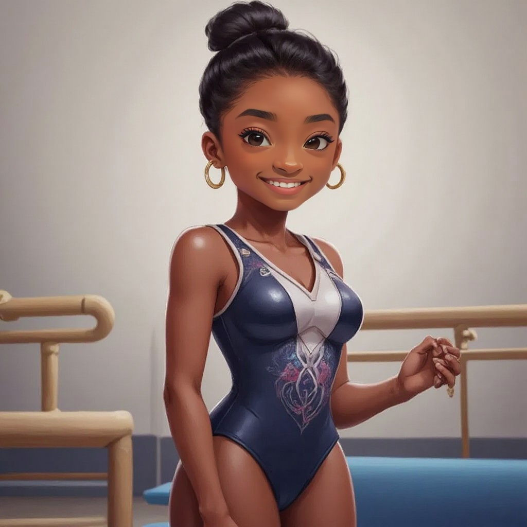 Simone Biles standing tall with a determined expression in front of gymnastics equipment