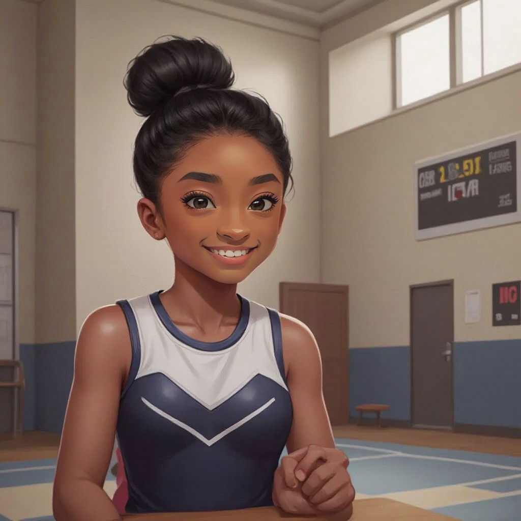 Simone Biles having a serious conversation in a quiet corner of the gymnasium