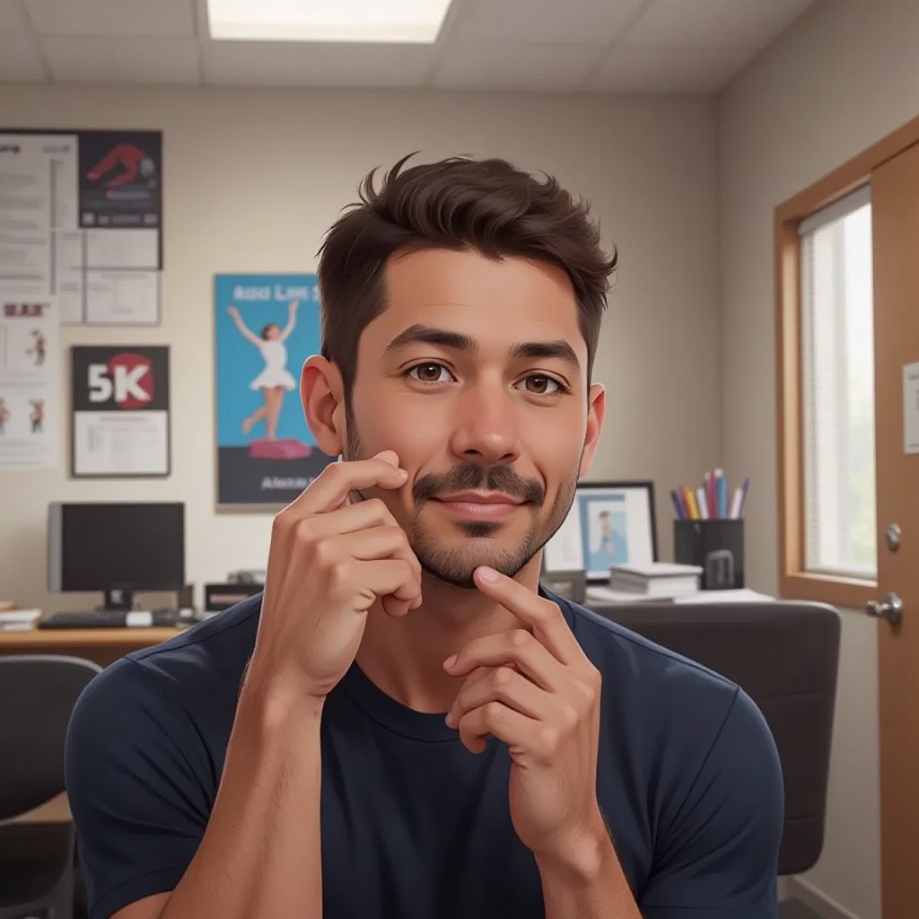 A male coach nodding thoughtfully in an office setting with gymnastics posters on the wall