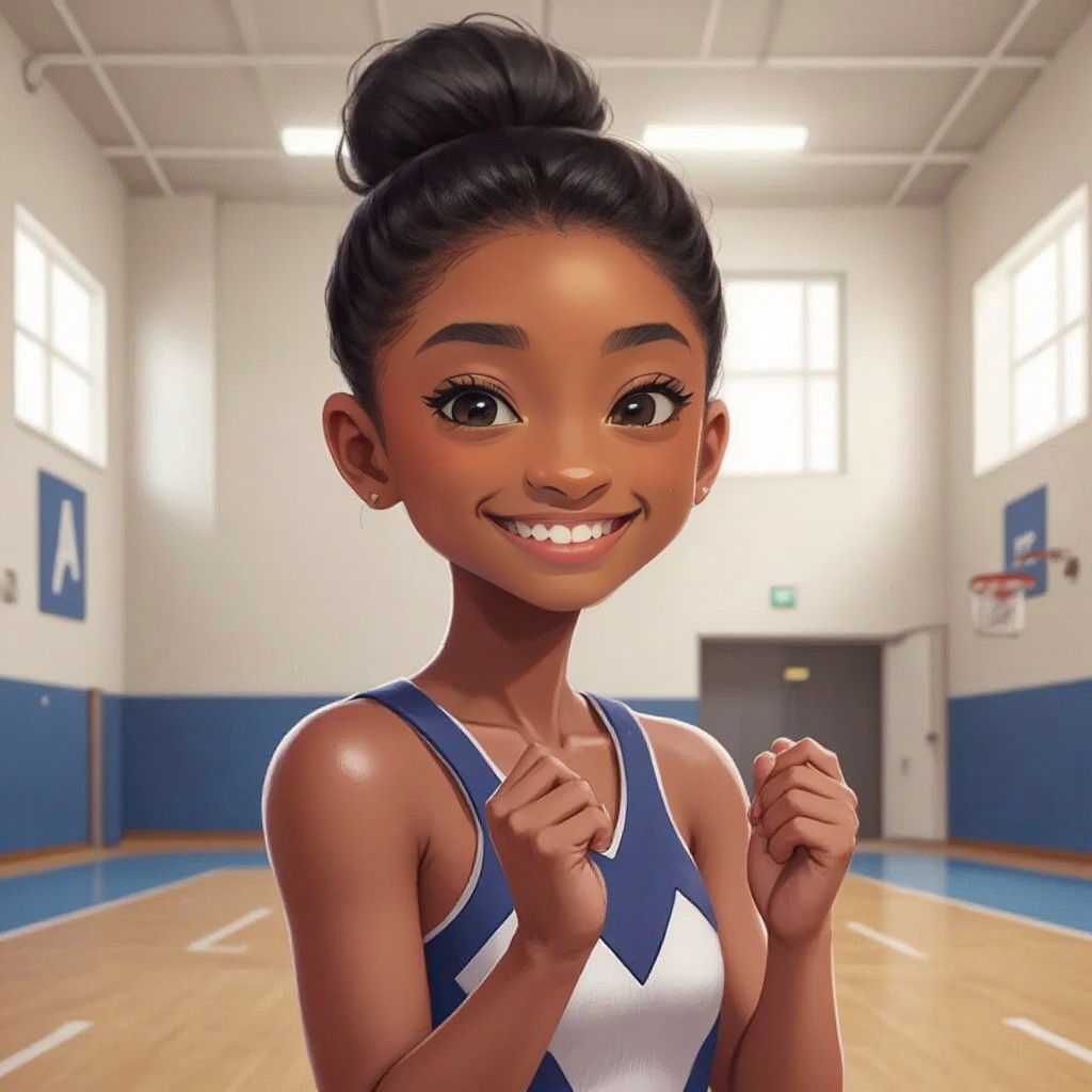 Simone Biles leading a cheer with enthusiasm in a bright gymnasium setting