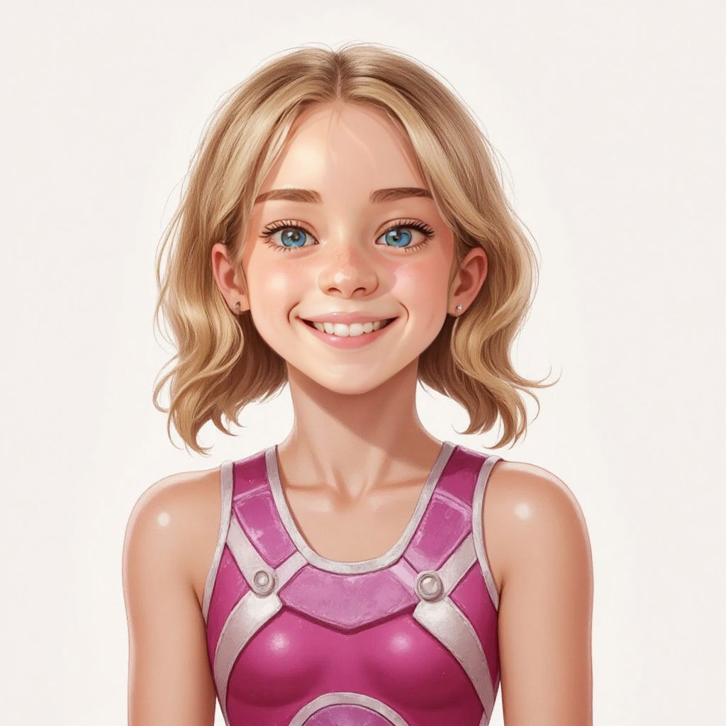 Mia standing confidently in her gymnastics outfit with a bright smile on her face