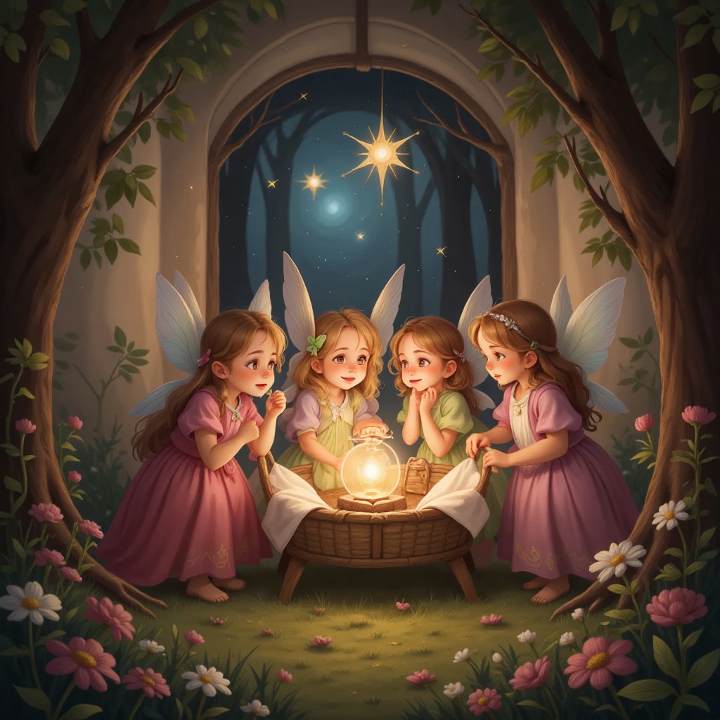 A group of fairies gathered around a cradle in a magical room with twinkling lights and floating stars