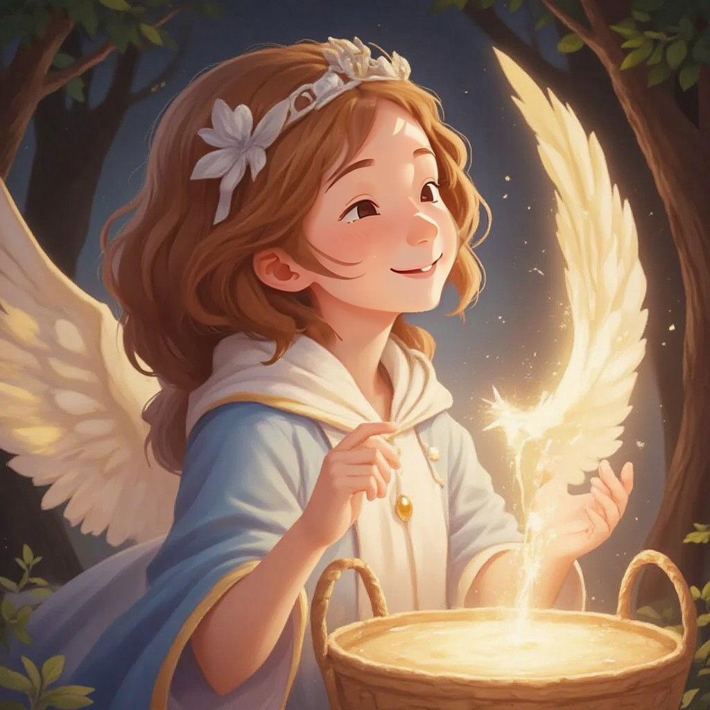 First fairy with glowing wings and a gentle smile, extending her hand over a cradle with sparkles of magic flowing from her fingers